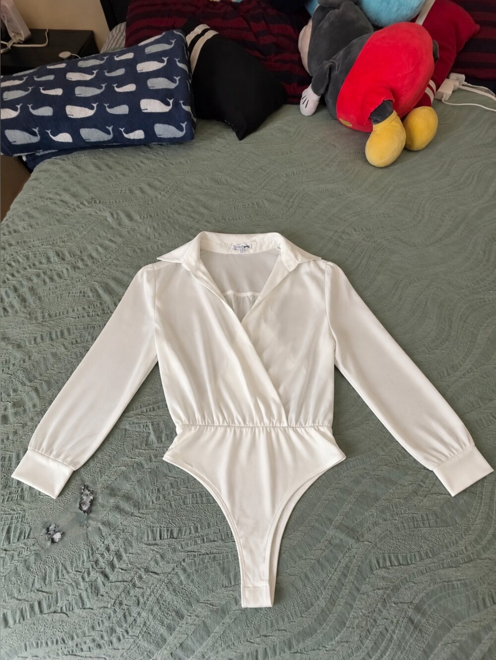 Fashion Nova White Long-Sleeve Wrap Collared Bodysuit